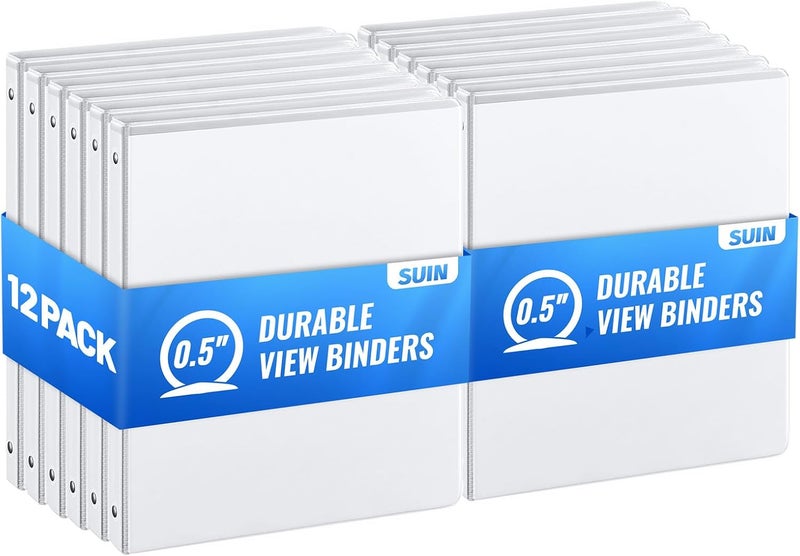 SUIN Basic 3 Ring Binder -1 or 1/2'' Binders with Roung Ring Binder, Large 100/200 Sheet Capacity, Fit 8.5" x 11" US Letter Size Paper, 12 Pack White (0.5'' White - 12 Packs) - Image 1